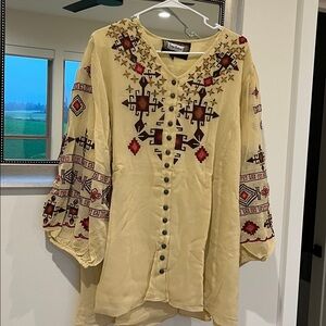 Boho Embroidered Button-Front Women's Top in Pale Yellow